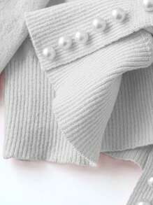 SHEIN Clasi 大码休闲纯色圆领珍珠缀饰长袖开衫 - 淺灰色 - 查看 3