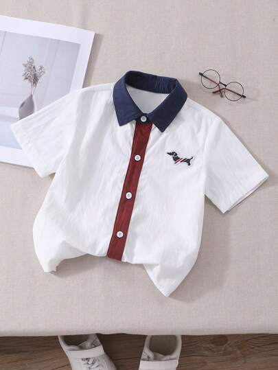 SHEIN 年轻男孩休闲纯色拼布正面纽扣简约时尚短袖衬衫
