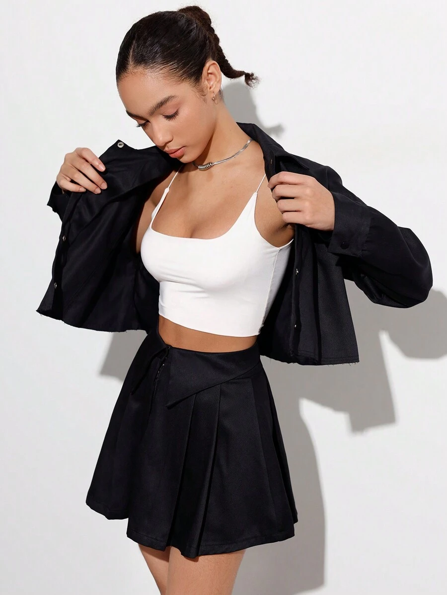 Aveloria Affinna 2pcs/Set Women Button-Up Short Sleeve Shirt And Low Waist Mini Skirt, Casual College Style Back To School Outfit