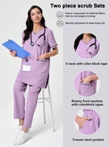 Scrubzie 2pcs/Set Women Wrinkle Resistant Loose V-Neck Contrast Color Long Top & Long Pants /Nursing Scrub Uniform - Purple - View 1