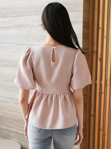 DAZY Women's Casual Solid Color Puff Sleeve Blouse, Summer,Babydoll Top - Pink - View 2