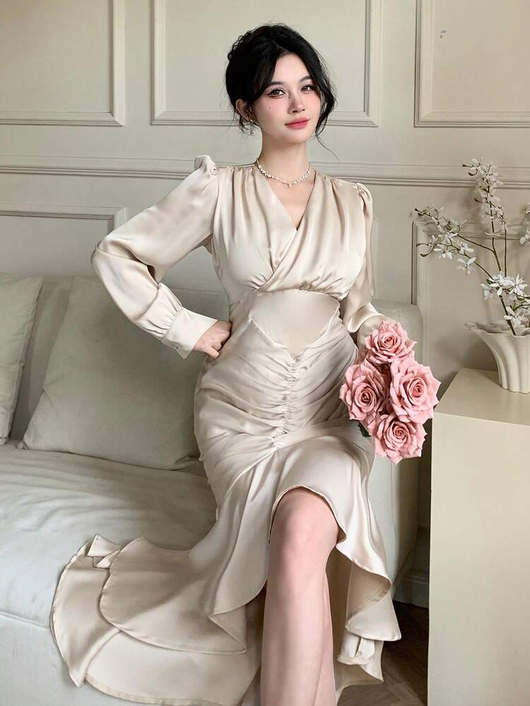 Solid Color V-Neck Gathered Puff Sleeve Asymmetrical Fishtail Midi Dress For Women,Ruffle,Fall Dress Long Sleeve Dress
