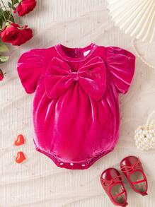 SHEIN Valentine's Day Baby Girl Bodysuit, Big Bow Velvet Partywear For Toddler Girl Short-Sleeved One-Piece Clothing With A Round Collar And Bowknot Bubble Design Comfortable To Wear, Oneise, Fashionable, Lively, Cute And A Must-Have For Daily Wear And .