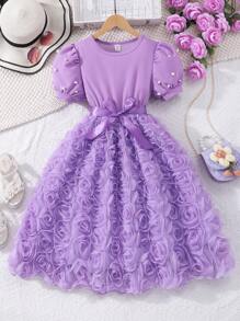 Vestido floral 3D con manga de perla y cinturón para niñas preadolescentes, elegante para el verano - Morado - Ver 4