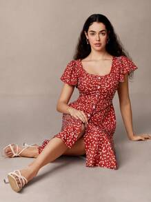 SHEIN Frenchy Women's Heart Print Square Neck Ruffle Sleeve Single-Breasted Casual Dress Summer Christmas New Year Thanks Giving Red