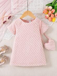 Robe courte à manches courtes rose avec sac assorti, élégante, douce et mignonne, pour bébé fille, été - Rose bonbon - Voir 1