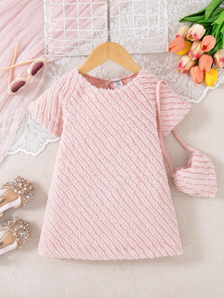 Robe courte à manches courtes rose avec sac assorti, élégante, douce et mignonne, pour bébé fille, été - Rose bonbon - Voir 1