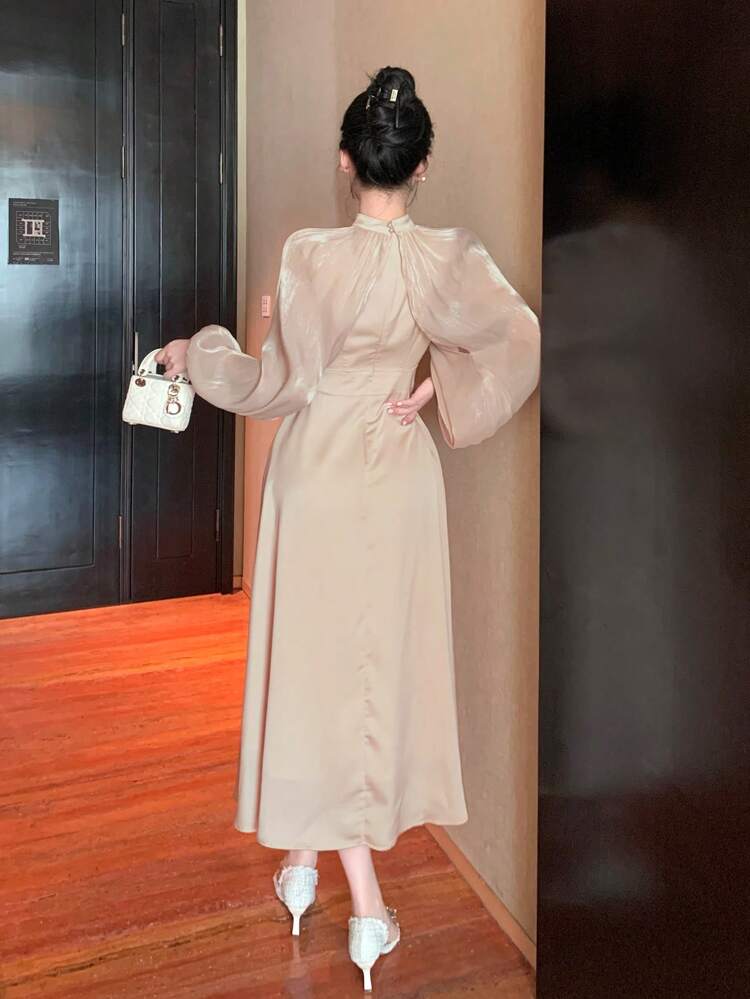 Stand Collar Sleeveless Mid-Length Dress 2pcs Women Outfit