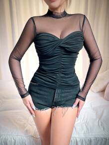 Chiquease Camiseta de lujo pura y elegante con manga larga, cuello alto, ajuste delgado, busto fruncido y plisado, y contraste de unicolor en malla transparente para primavera/verano - Negro - Ver 4