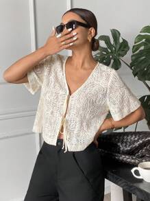 Serisse Women's Casual Minimalist Mesh Textured Pattern Top For Everyday Wear Summer Outfits For Women Summer Tops  Shirts Women French Short Sleeve Shirt