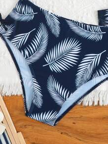 Teen Girl Summer Bow Decor Swimwear Bikini Set & Leaf Print Cover Up Skirt, Beach Vacation Island Outfit