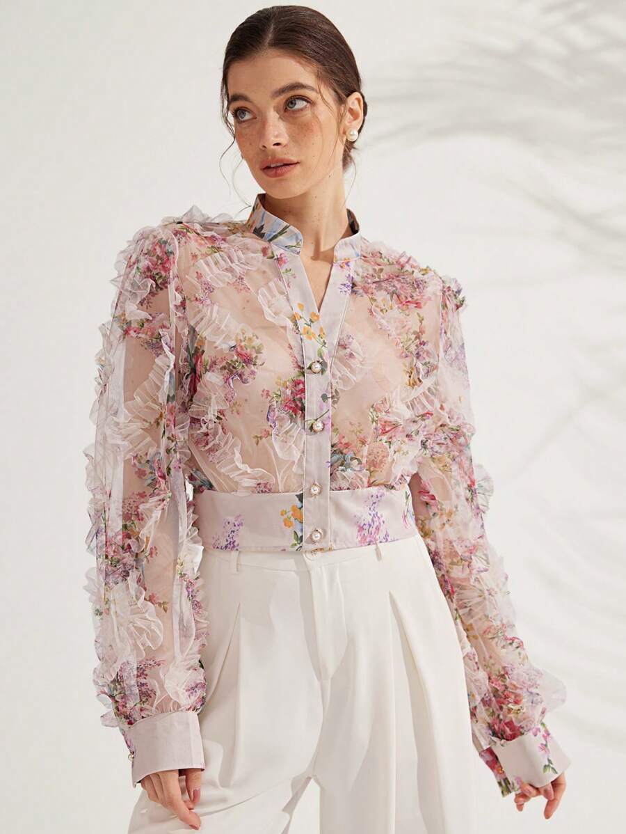 Aveloria Random Printed Long Sleeve Blouse Button Up Shirt Women  Elegant Fashionable Style For Spring Fall - Pink - View 1