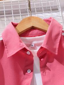 SHEIN 2 件套青少年女孩时尚紫红色上衣和紫红色裤子，休闲装 - 玫紅色 - 查看 3