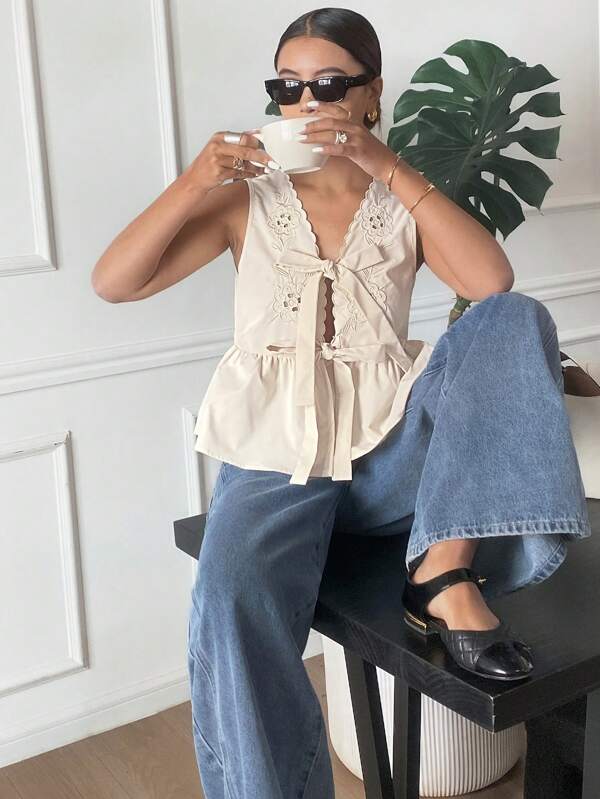 Serisse Chaleco casual de mujer de unicolor con bordado calado y cordones