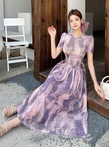 DAZY 两件套：扎染印花短袖圆领T恤和高腰碎花裙 - 藍色 - 查看 3