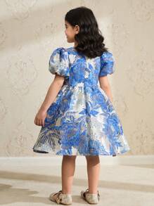 Girls Floral Jacquard Round Neck Puff Sleeve Cute Mini Dress - Blue - View 2