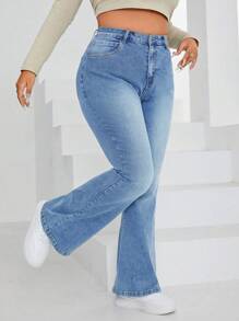SHEIN CURVE+ Quần ống loe denim co giãn cỡ lớn gợi cảm dành cho nữ - Màu xanh lam - Xem 7
