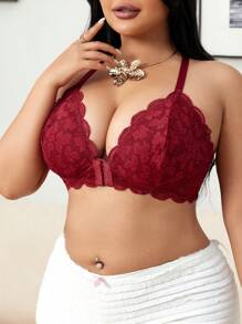 1pc Plus Size Lace Front Closure Lingerie Bralette - Burgundy - View 4