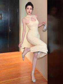 DAZY Lace Collar Hollow Out Mid-Calf Sleeveless Dress For Women Prom Dress Sundress,Dress For Wedding