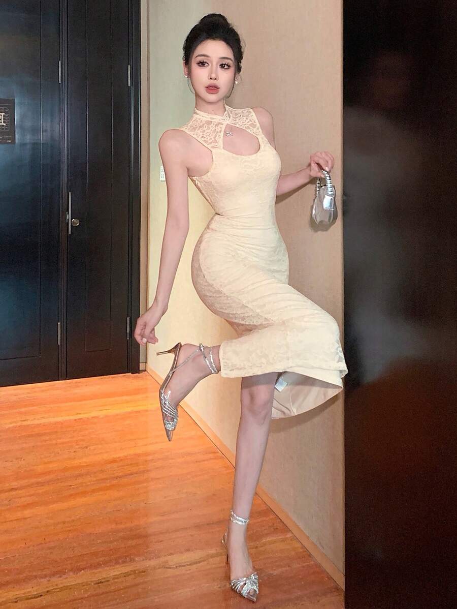 DAZY Lace Collar Hollow Out Mid-Calf Sleeveless Dress For Women Prom Dress Sundress,Dress For Wedding