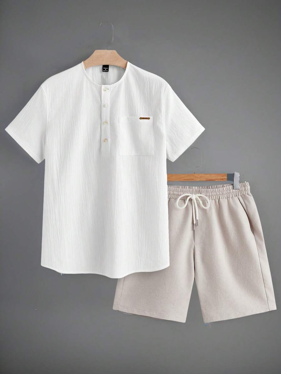 Manfinity NXTstreet Manfinity Modomio 2 Pieces Set Men's Fitted Crew Neck T-Shirt Outfit, Suitable For Summer,Beach Men Shirt,Beach Men,Men Dress Shirt,Men Shorts Set,Two Pieces Beach Set - White - View 1