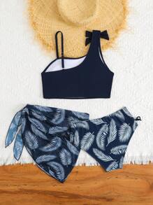 Teen Girl Summer Bow Decor Swimwear Bikini Set & Leaf Print Cover Up Skirt, Beach Vacation Island Outfit