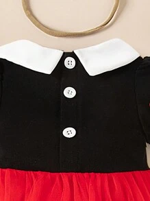 SHEIN Baby Girls Polo Collar Heart Print Short Sleeve Mesh Romper With Bow Headband, Fashion Cute Unique Style - Black - View 5