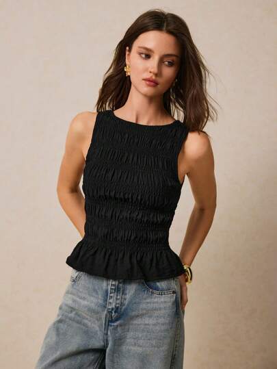 Poéselle Women's Solid Color Pleated Round Neck Casual Tank Top