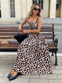 SHEIN Frenchy Women's Leopard Print Front Tie Sleeveless Dress Summer Cheetah Casual - Multicolor - View 5