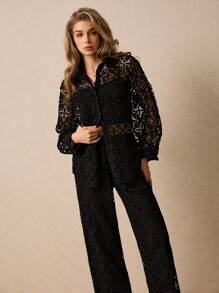 Poéselle 2 Stücke/Set Damen elegante Bluse mit Spitzeneinsätzen und Lange Hose, Anzug für Urlaub, Urlaubsoutfit Damen, Zweiteiler für den Urlaub, geeignet für Alltag, Straße, Dates, Pendeln, Zuhause und andere Anlässe zum Tragen