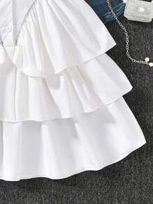 1pc Tween Girls' European Princess Style White Elegant Ruffled Layered Cake Dress, Spring/Summer - White - View 8