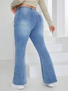 SHEIN CURVE+ Quần ống loe denim co giãn cỡ lớn gợi cảm dành cho nữ - Màu xanh lam - Xem 2