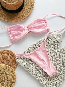 Swim Mod Springbreak Women's Sexy Pink Strapless Tie Up Metal Decor Bikini Set, For Summer - Pink - View 2