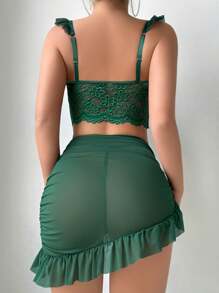 3-Piece Set: Lace & Mesh Trim Ruffle Strap Crop Top + Thong + Ruffle Waistband Mini Skirt, Sexy For Going Out - Dark Green - View 2