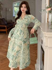 DAZY 1 pieza Vestido floral con cuello en V y mangas con volantes para mujer