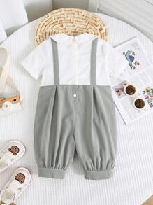 SHEIN Newborn Baby Boy Cute 2 In 1 Jumpsuit With Collar, Summer - Khaki - View 2
