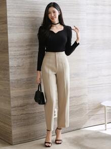 Wynsel Calça casual reta plissada de cor sólida para mulheres, Calça social feminina para uso em negócios no outono/inverno - Caqui - Visão 4