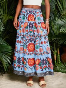 Travachic Vacation Floral Print Ruffle Hem Crinkle Skirt, Summer Beach Style Women - Baby Blue - View 4