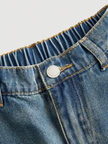 SHEIN Retro Blue & Yellow Denim Loose Wide Leg Pants For Teenage Girls - Dark Wash - View 3