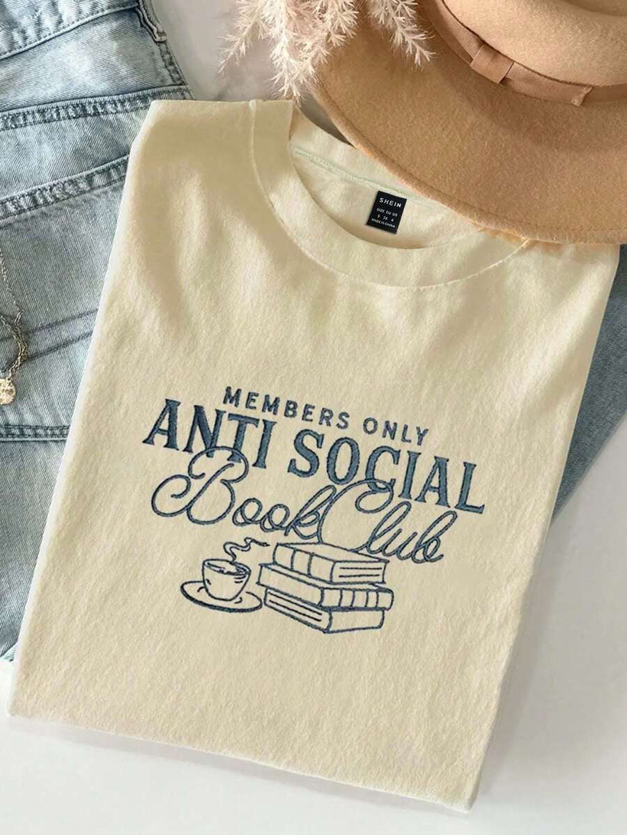INAWLY 女式 T 恤 反社会读书俱乐部刺绣圆领衫、读书俱乐部 T 恤、爱书人圆领衫、书卷气圆领 T 恤、节日 T 恤、时尚潮流、时尚 T 恤衫、读书人礼物 - 杏色 - 查看 1