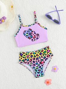 Young Girl 2pcs Ombre Leopard Print Swimwear Set (Set Print) - Multicolor - View 1