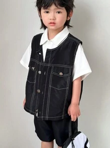 SHEIN Leap Crew Set de 3 piezas estilo uniforme escolar coreano para niños pequeños, que incluye: camisa de manga corta de unicolor con cuello tejido, chaleco con diseño de pespunte de contraste y pantalones cortos casuales de cintura elástica de unicolor - Blanco y Negro - Ver 3