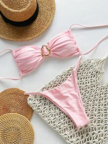 Swim Mod Springbreak Women's Sexy Pink Strapless Tie Up Metal Decor Bikini Set, For Summer - Pink - View 3