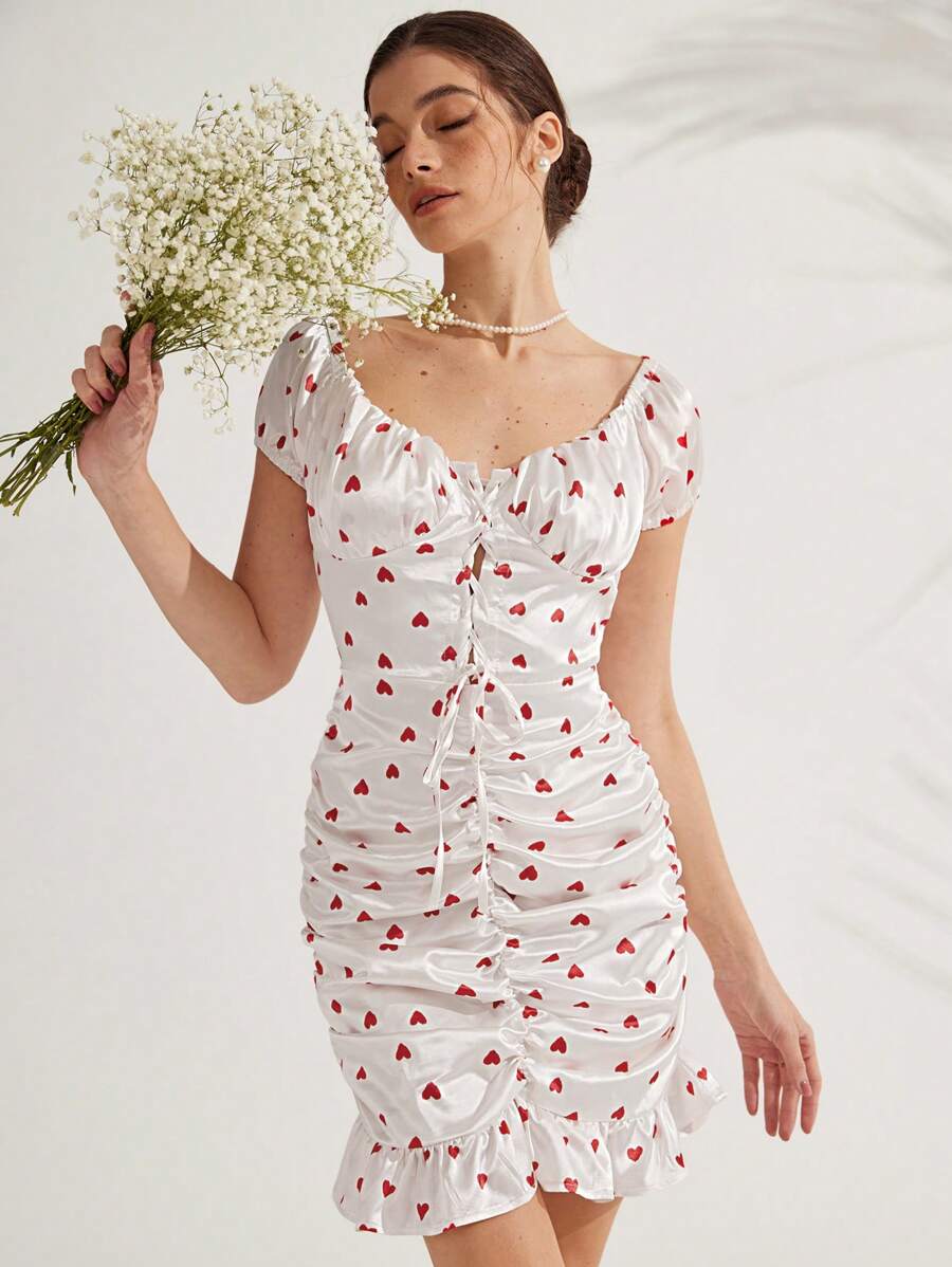Femmeiva Women's Elegant French Heart Print Off Shoulder Ruched Glossy Satin Short Dress,White And Red Summer Boho Vacation Fashionable Picnic Waist Fitting - White - View 1