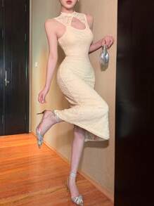 DAZY Lace Collar Hollow Out Mid-Calf Sleeveless Dress For Women Prom Dress Sundress,Dress For Wedding