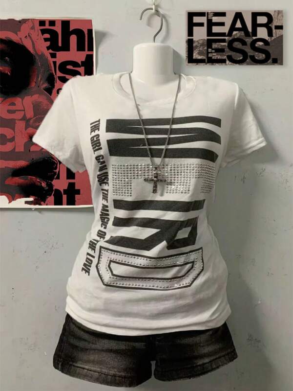 Glissea Women's Casual Slogan Print Rhinestone Short Sleeve T-Shirt