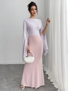 Chiquease Contrast Color Block Fitted Round Neck Draped Bust Extra Long Sleeve Split Cuff Maxi A-Line Hem Elegant Luxurious Sexy Dress, Suitable For Holiday Party Wedding Spring Autumn - Pink - View 5