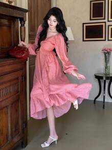 DAZY Women's Midi Ruffle Trim & Floral 3D Applique Halter Neck Dress Prom Dress,Casual Women Dresses,Fall Dress Long Sleeve Dress - Pink - View 1