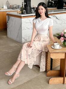 DAZY Damen eleganter asymmetrischer Rüschen-Elastikbund Rock mit Blumendruck - Aprikosenfarben - Übersicht 6