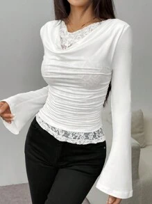 Chiquease Áo nữ 2 trong 1 ren tương phản màu trơn ôm vừa vặn tay dài cổ bèo nhún viền bất đối xứng tay loe xếp ly thiết kế hai lớp giản dị Y2K quyến rũ thanh lịch hấp dẫn cho buổi hẹn hò, xuân/hè/thu - trắng - Xem 7